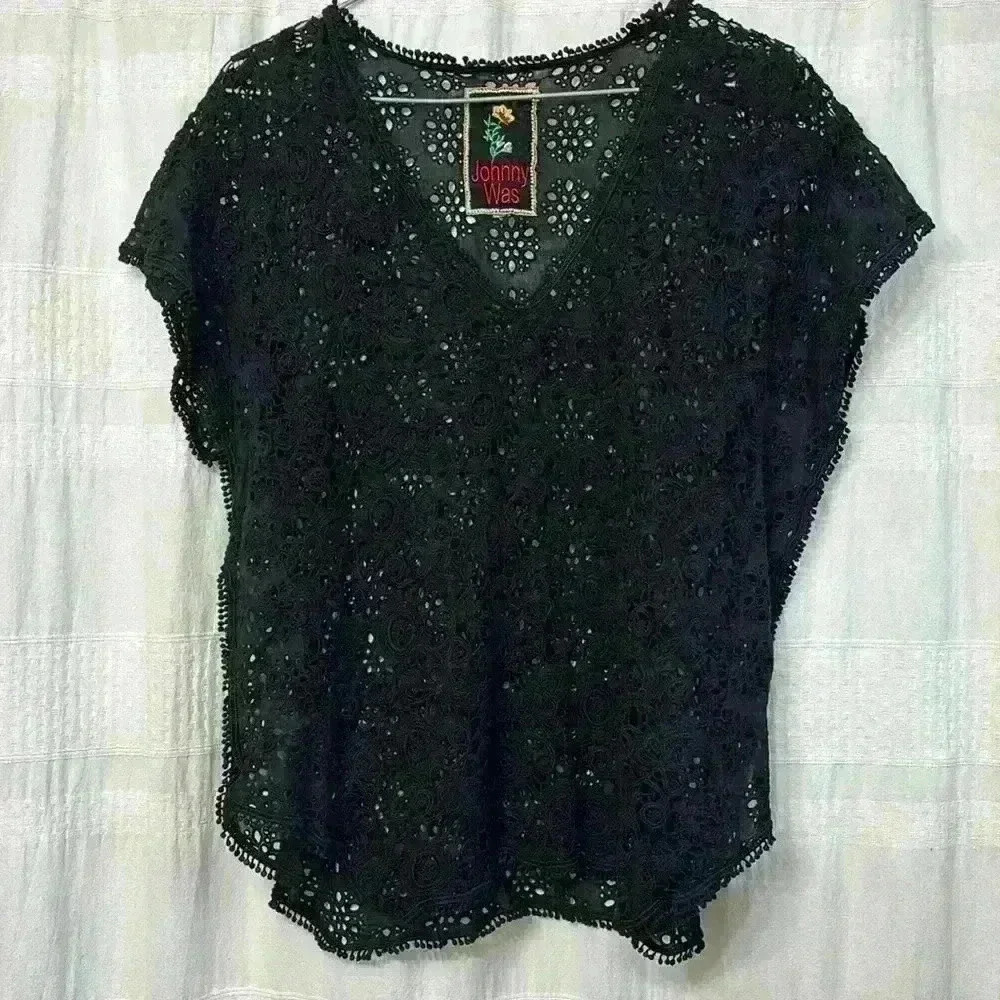 Johnny Was Drop Shoulder Short Sleeve V Neck Curved Hem Eyelet Top Beach Beachy